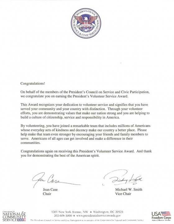 President’s Service Award Letter – Illinois Council on Responsible ...